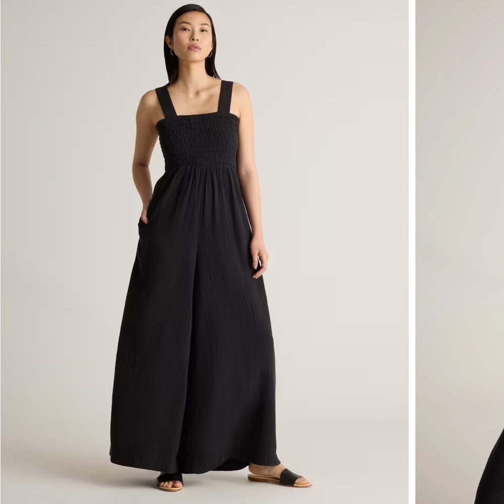 Quince Black Wide-Leg Smocked Jumpsuit
